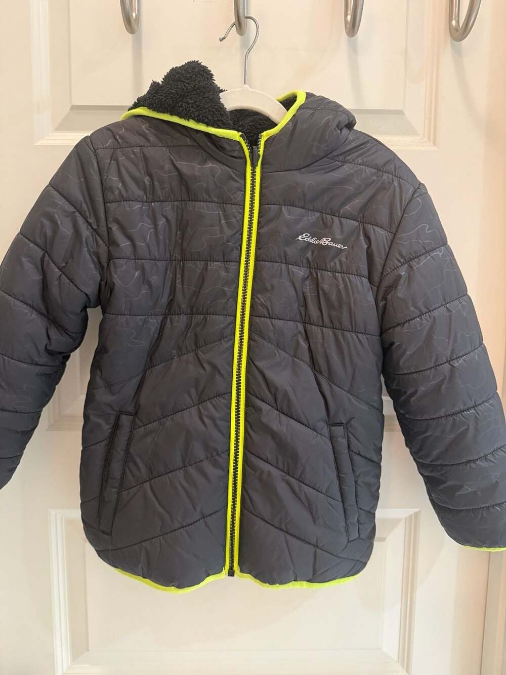Eddie Bauer Boys' Reversible Hooded Puffer Jacket with Faux Sherpa Lining